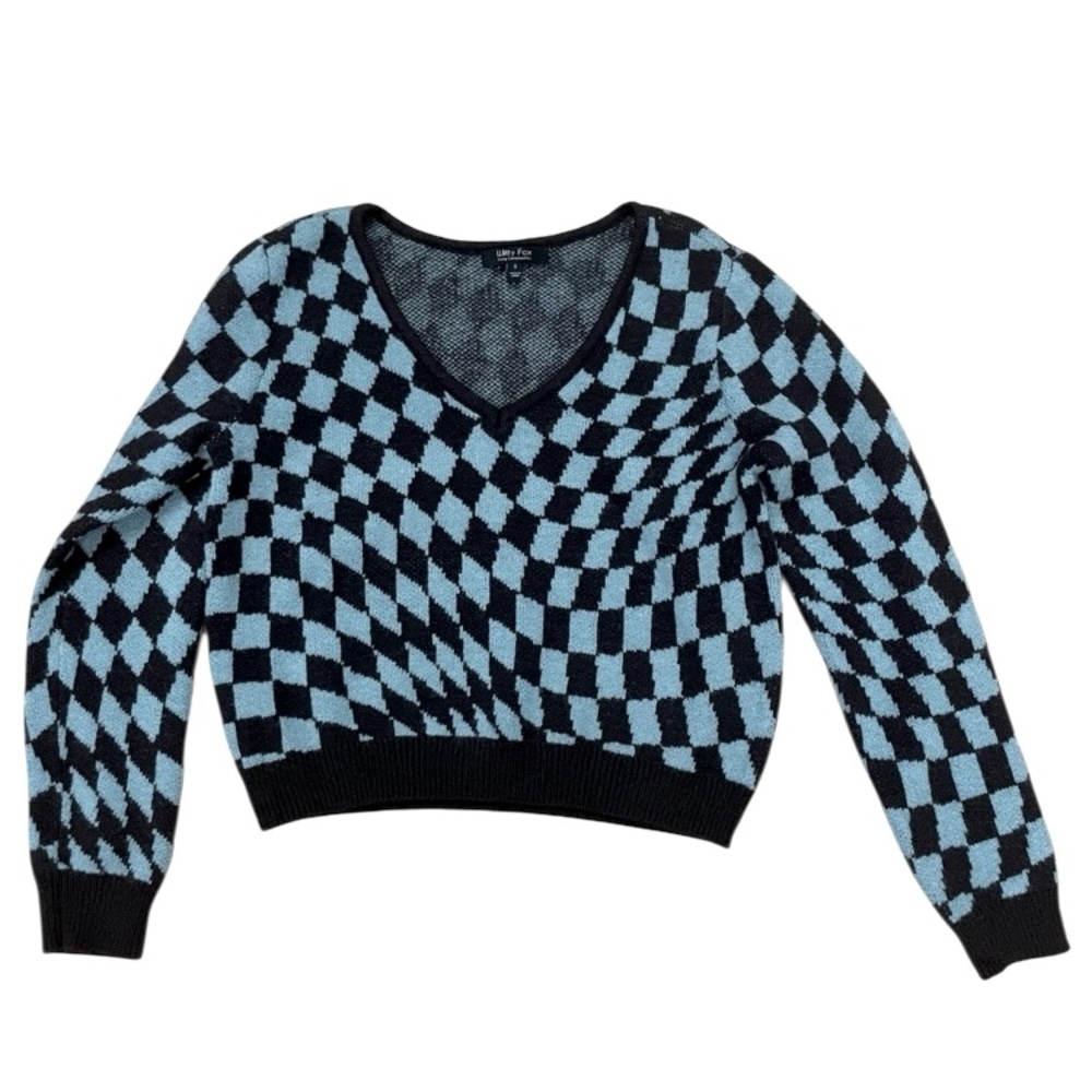 Witty Fox Light Blue Brown Argyle Sweater Cropped Oversized Preppy Academia XS - Picture 4 of 9